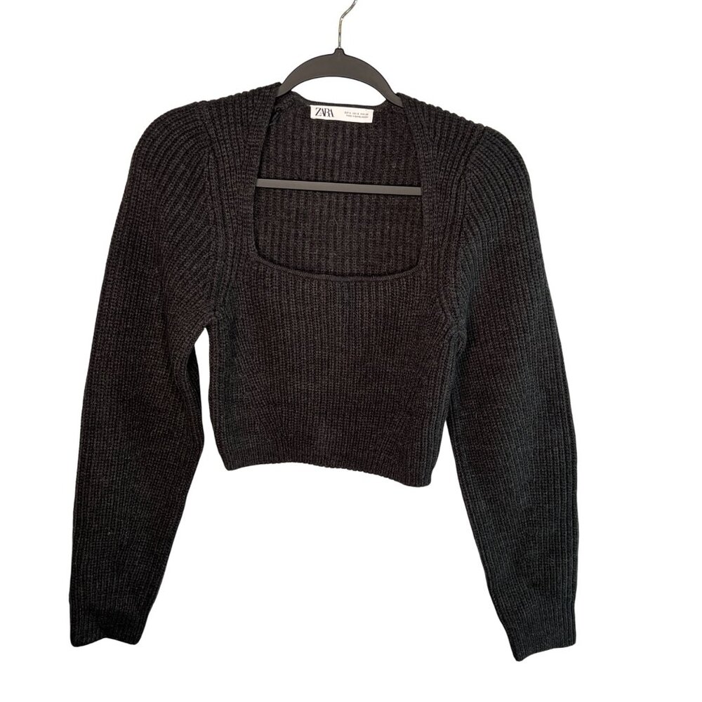 Zara Gray Ribbed Knit Square Neck Cropped Sweater Wool Blend Women's Size Small